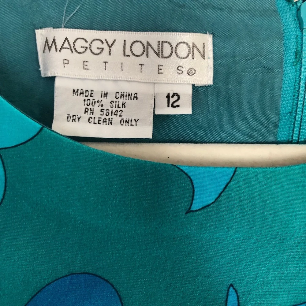 Silk dress Maggy London beautiful
 Floral Blue green sheath Vintage 12 P - Picture 6 of 9